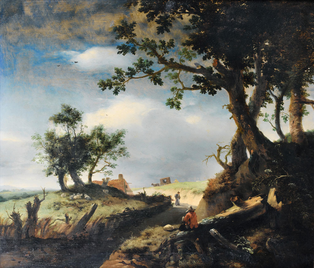 Attributed to Jan Wouwerman - A traveller and his dog resting beside a country path