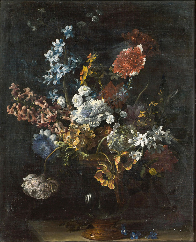Circle of Jean-Baptiste Monnoyer - Chrysanthemums, narcissi, hyancinths, anemones and other flowers in a gilt-bronze mounted glass vase on a stone ledge