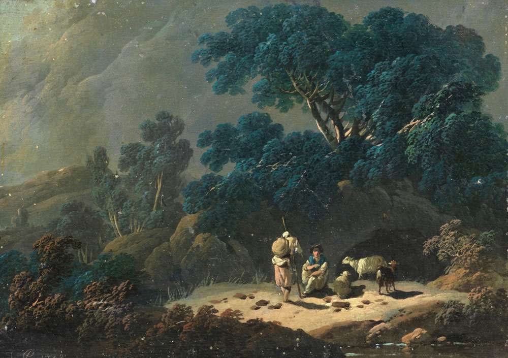 Jean-Baptiste Pillement - A landscape with shepherds and sheep resting in a woodland clearing