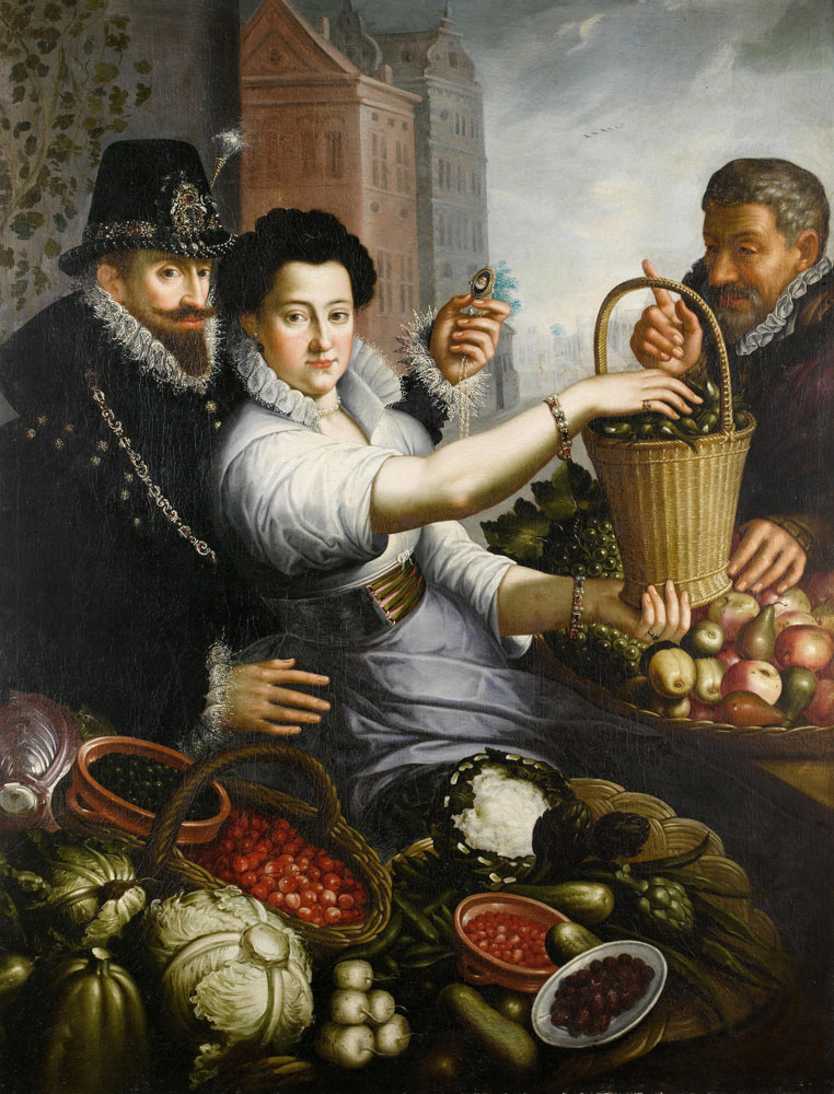 Jean-Baptist de  Saive II - A fruit and vegetable market scene with an elegant nobleman embracing a stall-holder with another elegant customer