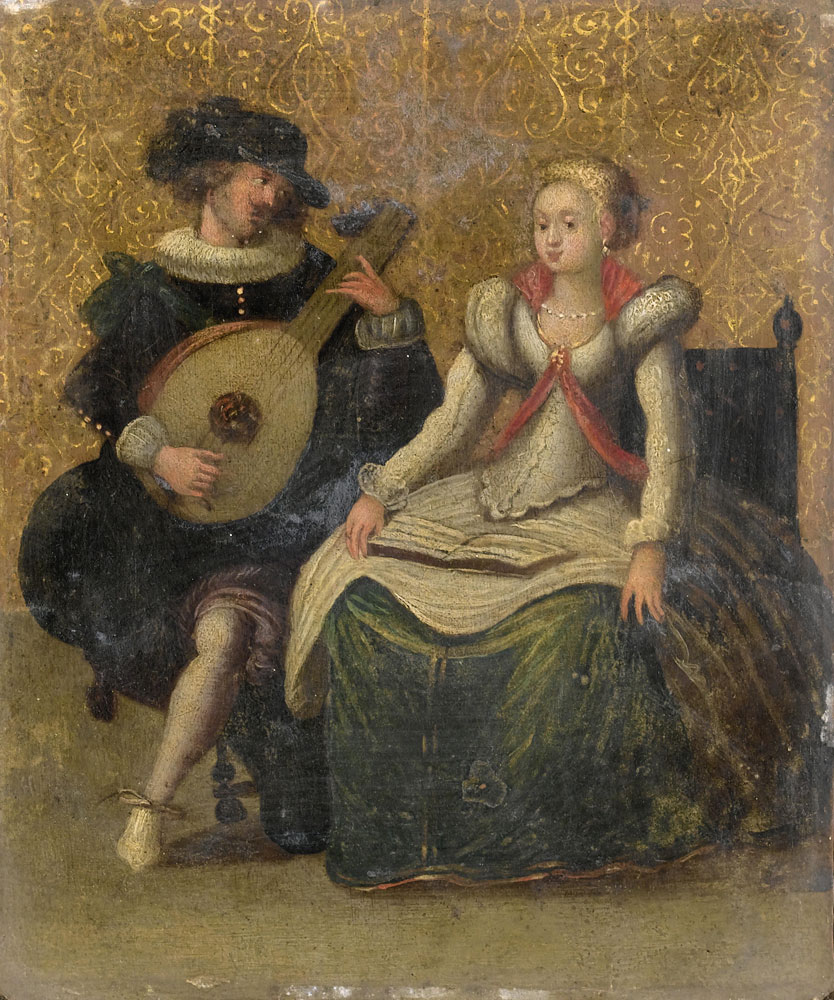 Studio of Louis de Caullery - An elegant couple playing music in an interior