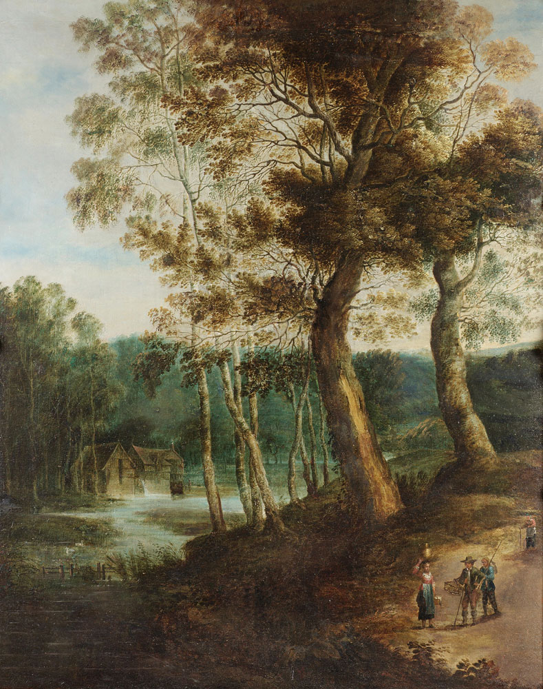 Attributed to Lucas van Uden - A wooded river landscape with figures on a track