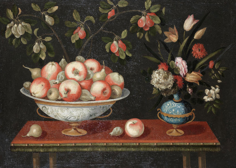 School of  Madrid - Pears and apples in a maiolica tazza, with tulips and roses in a maiolica albarello, and other fruits and flowers on a table top