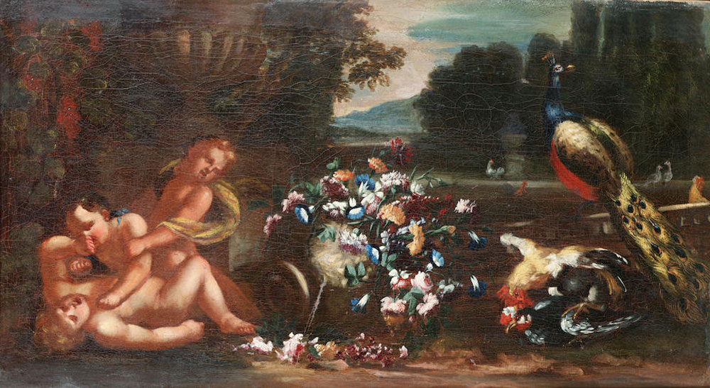 Neapolitan School - Putti fighting by an overturned urn of flowers, with a peacock and other animals in a park landscape