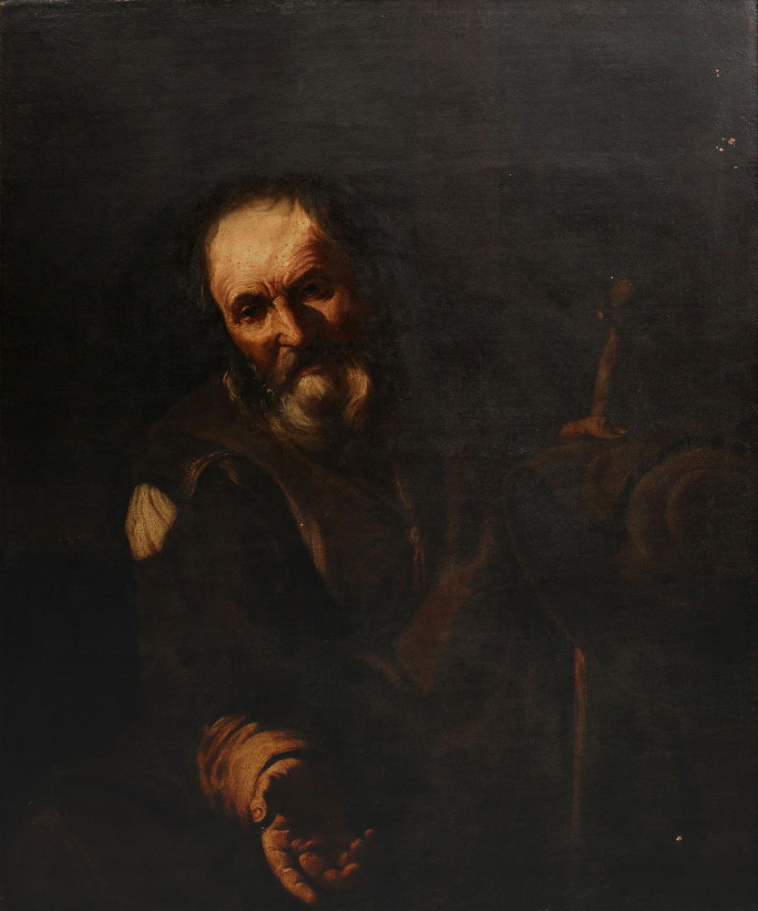 Follower of Pietro Bellotti - Portrait of an elderly gentleman with a staff