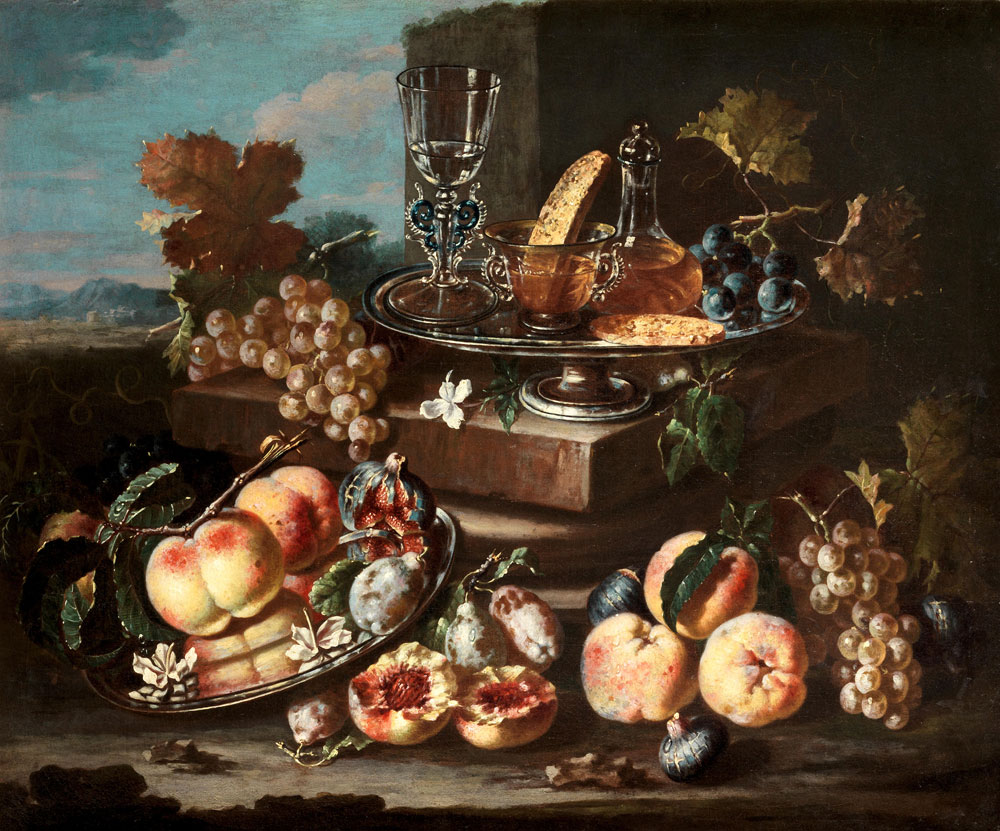 Pietro Navarra - Peaches, figs and plums on a silver dish beside a tazza of sweetmeats, grapes and wine