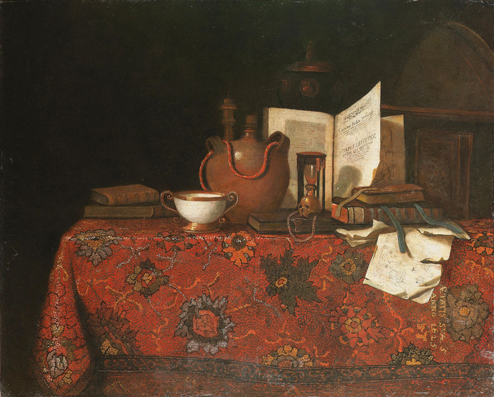 The Pseudo-Roestraten - Books, an earthenware flask, a porcelain bowl, a gold chain with a skull and hourglass on a carpeted table