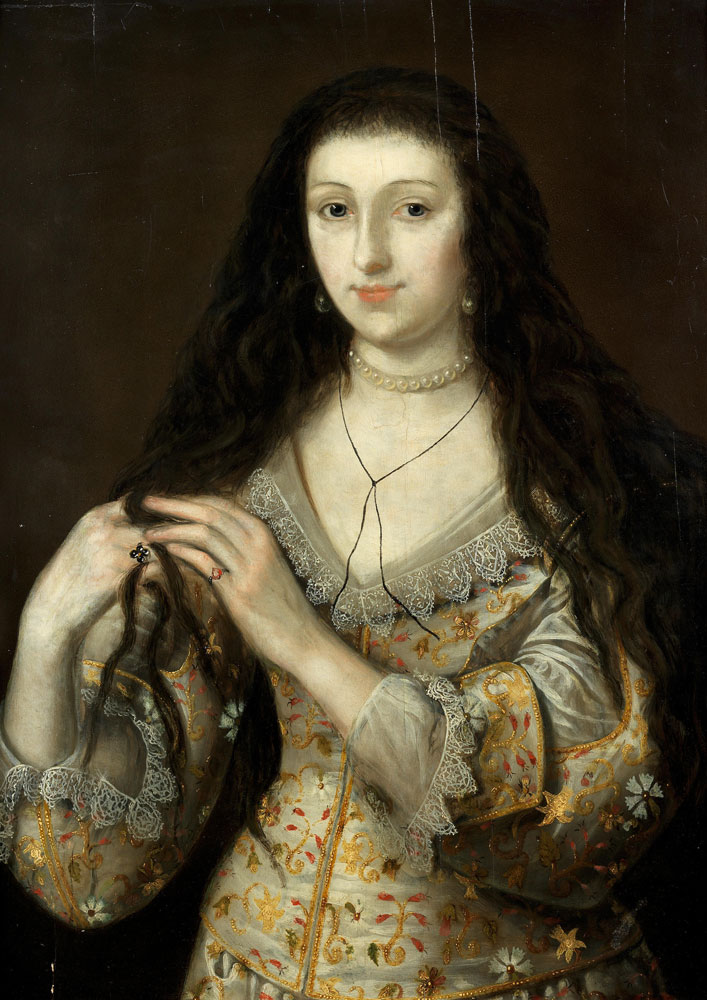 Robert Peake - Portrait purported to be of Lady Elizabeth Pope, nee Watson, half-length, wearing an elaborately embroidered dress trimmed with lace and a pearl necklace and earrings