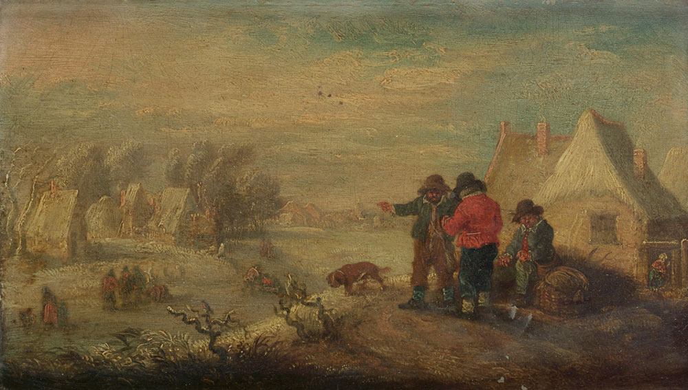 Studio of Theobald Michau - Winter: Peasants discoursing outside a cottage with a frozen river and village beyond