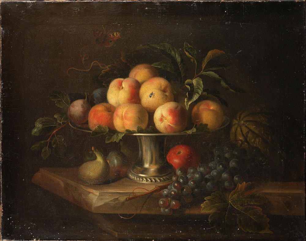Tobias Stranover - Peaches on a silver tazza with a melon, an apple, grapes and figs on a stone ledge