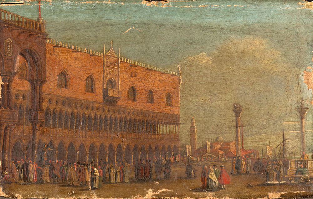 Venetian School - The Doge's Palace, Venice with numerous figures in the Piazzetta