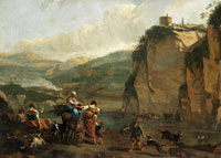 Attributed to Abraham Jansz. Begeyn An Italianate river landscape with figures, sheep and cattle