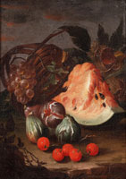 Circle of Abraham Breughel A slice of watermelon, figs, cherries and chestnuts with an upturned basket and grapes on a stone ledge