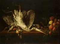Adriaen van Utrecht and Studio A dead heron with a dead duck, jay, finches, kingfisher and other birds on a table top with a basket of pomegranates and oranges