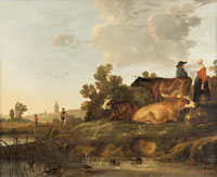 Circle of Aelbert Cuyp A drover and milkmaid standing beside cattle, a view to a town in the distance