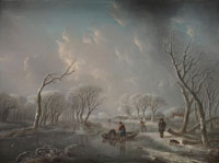 Andries Vermeulen A winter landscape with boys skating on a frozen river and a man walking his dog