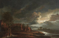 Attributed to Antonie van Borssom A moonlit river landscape with figures in a boat