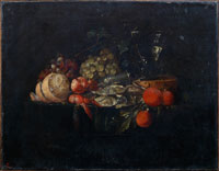 Cornelis de Heem A roemer of white wine with a peeled lemon, grapes and oysters