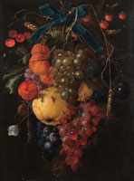 Cornelis de Heem A swag of cherries, strawberries, apricots, grapes, lemons, plums and ears of corn hanging from a blue ribbon with a cabbage white butterfly, a caterpillar and other insects