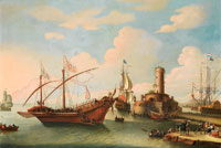 Follower of Cornelis de Wael Shipping in a Mediterranean port, with a lighthouse in the distance