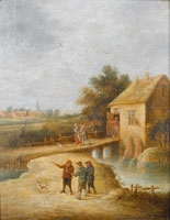 Follower of David Teniers the Younger A village inn beside a river