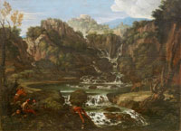 Gaspard Poussin An extensive river landscape with a waterfall