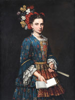 Attributed to Giacomo Ceruti Portrait of a lady, three-quarter-length, in a blue embroidered dress, holding a fan