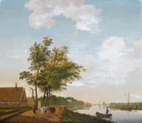 Attributed to Hendrik Keun An extensive river landscape with a drover and his cattle on a country path