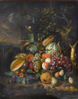 Jan Davidsz. de Heem Two ears of corn, a pumpkin, grapes, peaches, plums