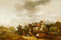 Attributed to Jan Jacobsz. van der Stoffe A calvary skirmish before a military encampment