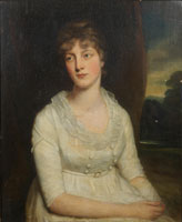 John Opie Portrait of Lady Dickson, half-length, in a white dress seated before a landscape