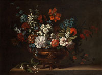 Pieter Casteels III Chrysanthemums, roses, tulips, orange blossom and other flowers in a bronze urn on a stone ledge