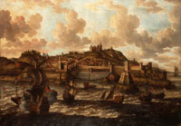 Pieter van der Velde Dutch shipping off a rocky coastline with a fortified town beyond