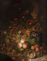 After Rachel Ruysch A forest floor still life with grapes, peaches, plums and other fruit along with snails, a lizard and other animals