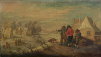 Studio of Theobald Michau Winter: Peasants discoursing outside a cottage with a frozen river and village beyond