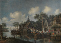 Thomas Heeremans A town by a canal with figures and boats in the foreground, a church beyond