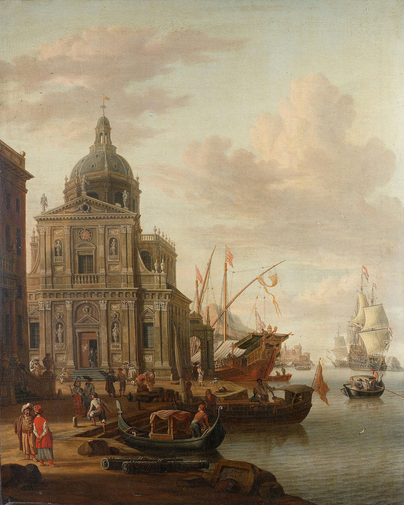 Abraham Storck - A capriccio of a Mediterranean harbour with elegant figures and stevedores on a quayside