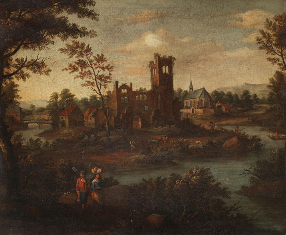 Abraham de Ryp - Figures beside a river with a church beyond