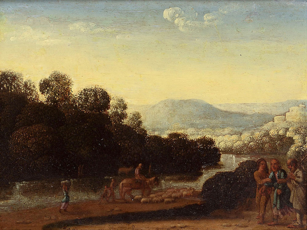 Follower of Adam Elsheimer - A river landscape with Christ on the road to Emmaus