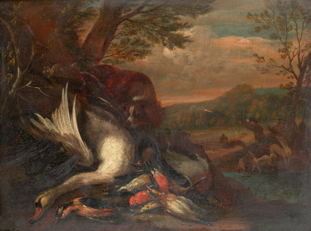 Adriaen de Gryef - A hunting still life with spaniels guarding a hare, pheasant, finches and songbirds, a landscape with huntsmen and hounds beyond