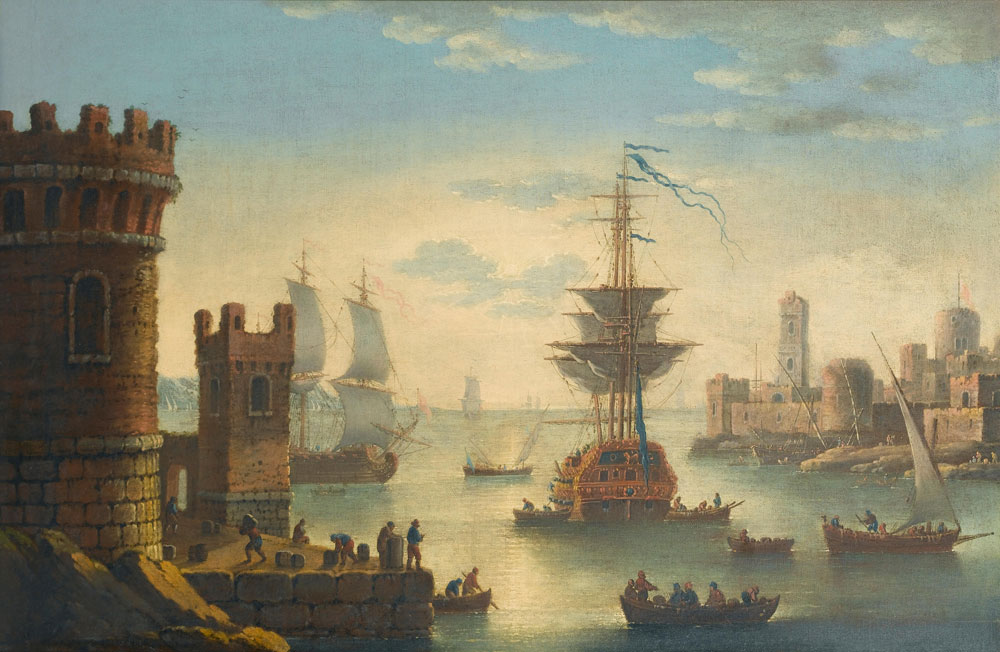Attributed to Alessandro Grevenbroeck - A Mediterranean harbour at sunset