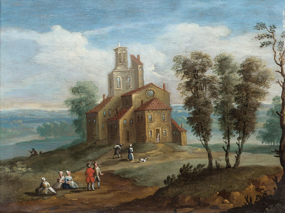 Anglo-Flemish School - An extensive landscape with travellers on a country path