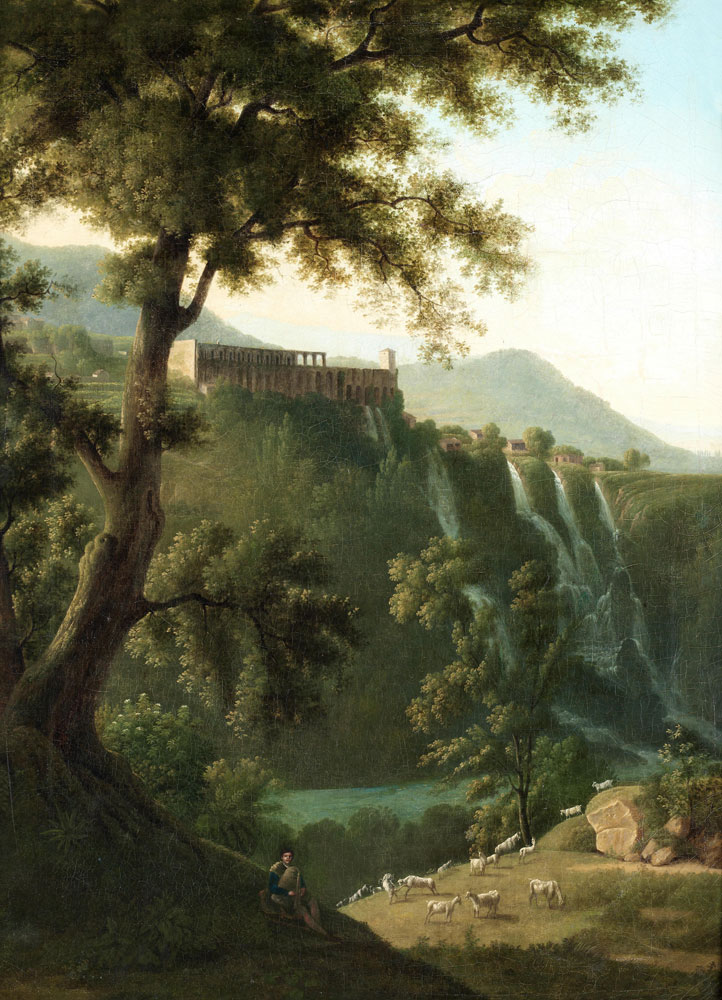 Anton Sminck Pitloo - A shepherd grazing cattle at Tivoli, with a view of the waterfalls in the distance