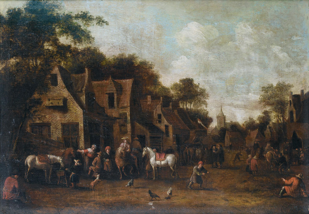 Circle of Barend Gael - A village street with horsemen before an inn