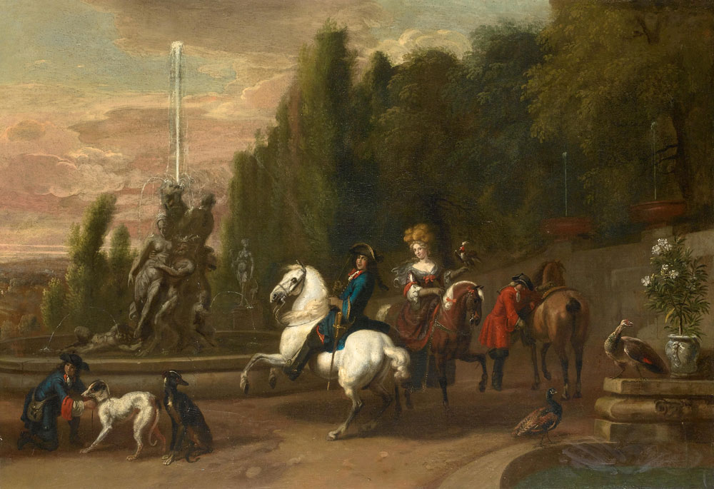 Dirck Maas - Elegant figures on horseback departing for the hunt