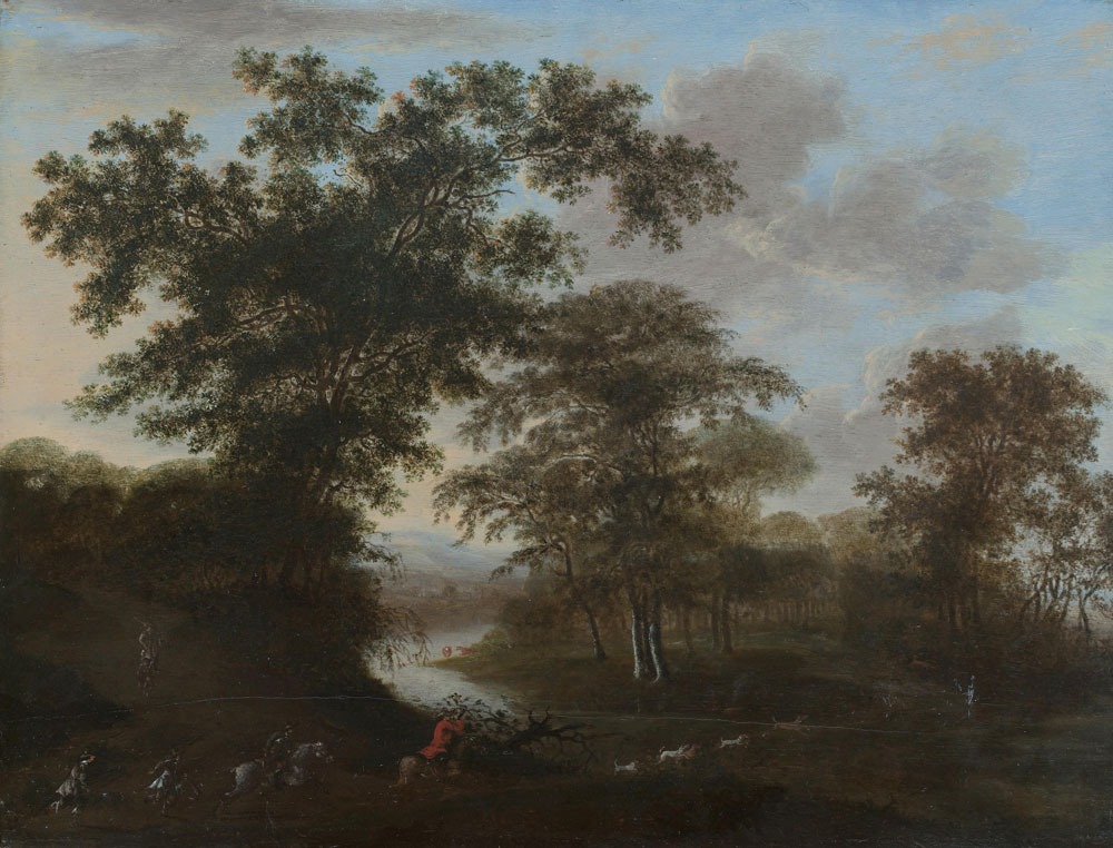 Dutch School - Huntsmen in a wooded river landscape