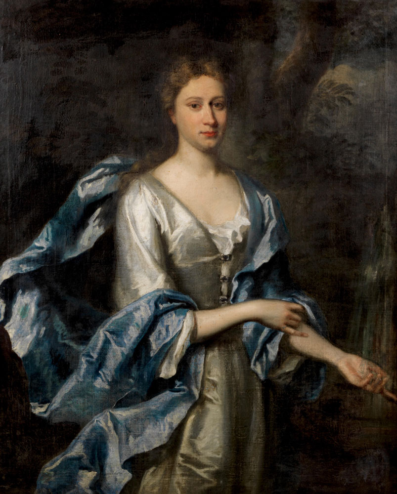 English School - Portrait of a lady, three-quarter-length in a white dress and blue sash, before a waterfall