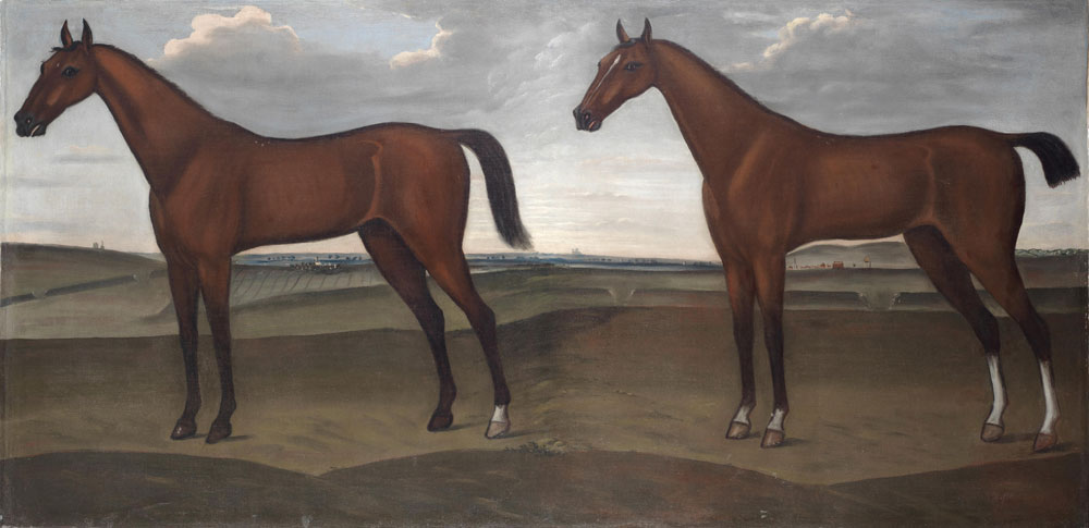 English School - Two Racehorses with an extensive view of Newmarket