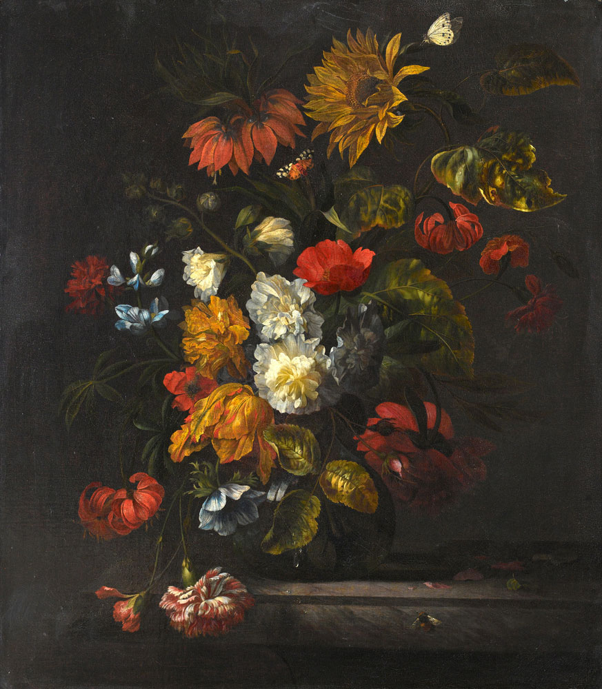 Attributed to Ernst Stuven - A sunflower, carnations, roses, tulips and other flowers in a glass vase on a marble ledge