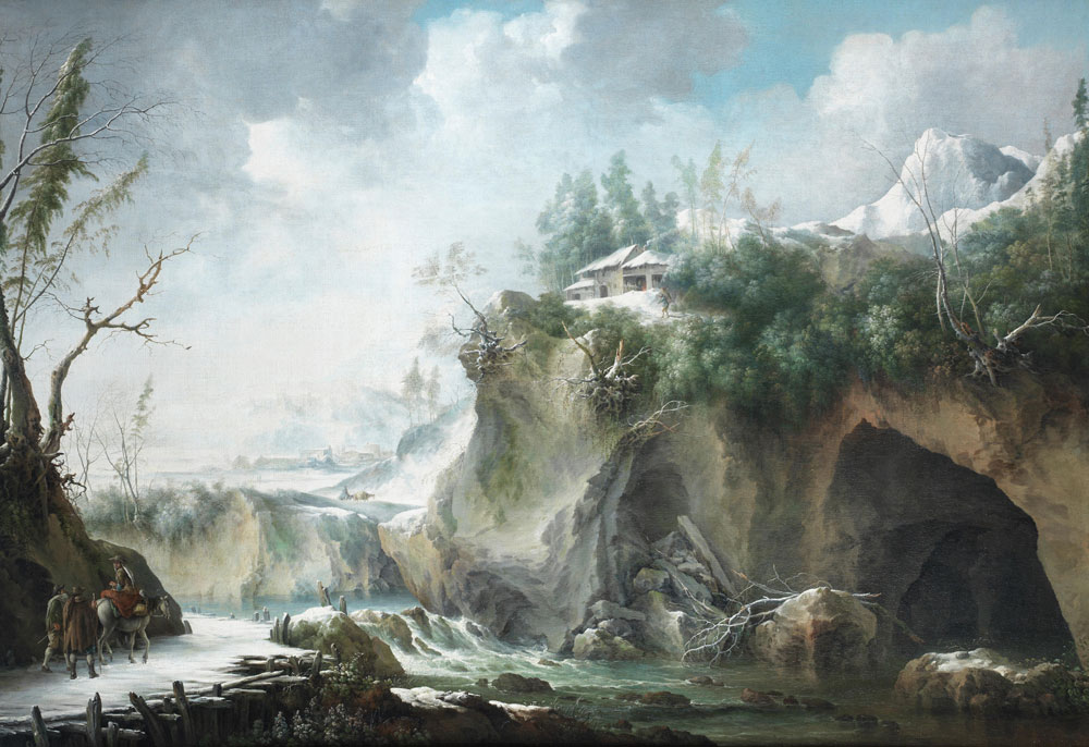 Francesco Foschi - A river landscape in winter, with travellers on a snowy path